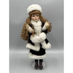 Vintage Porcelain Collector Doll Winter Victorian Style Long Brown Curly Hair
